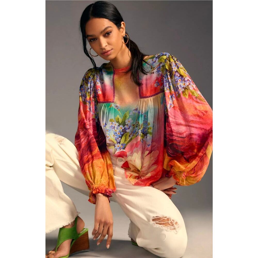 BL-NK for Anthropologie Miranda Papaya Floral Peasant Top. Size S. Retails $128